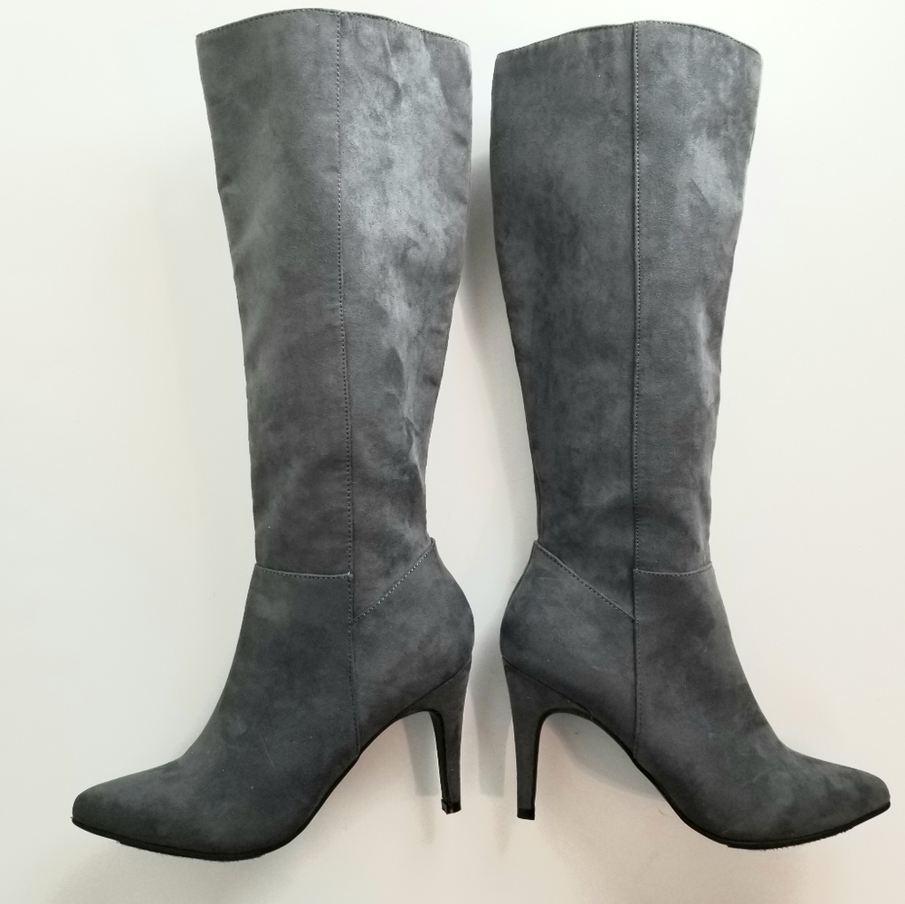 By Faryl Robin Faux Suede Gray Heeled Boots
